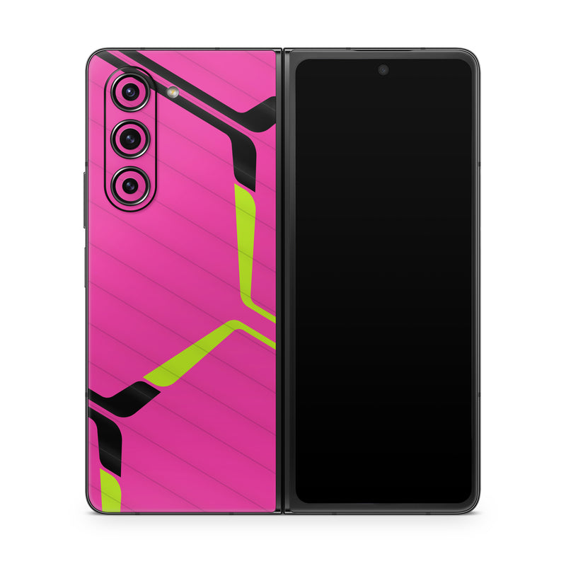 Samsung Galaxy Z Fold5 Skin design of Purple, Textile, Sleeve, Jersey, Violet, Triangle, Font, Magenta, Collar, Parallel, with pink, black, yellow colors