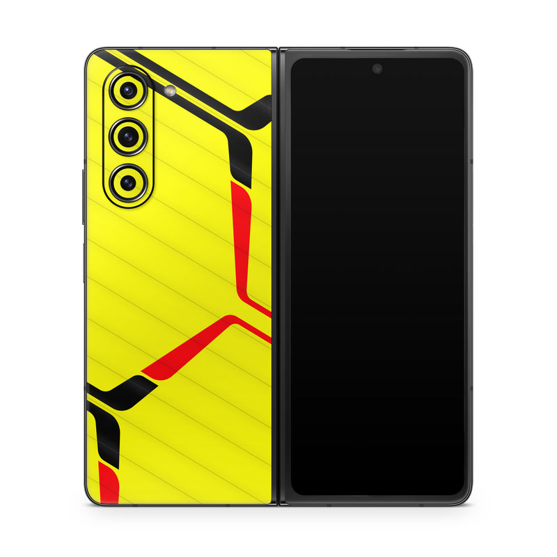Samsung Galaxy Z Fold5 Skin design of Rectangle, Yellow, Parallel, Font, Tints and shades, Wood, Triangle, Pattern, Graphics, Symmetry, with yellow, black, red colors