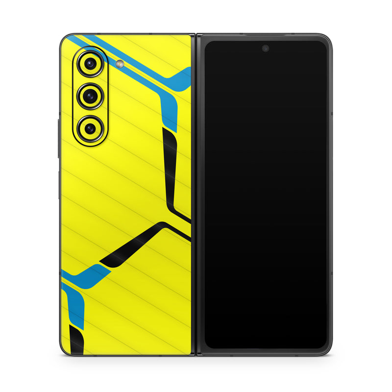 Samsung Galaxy Z Fold5 Skin design of Azure, Triangle, Font, Parallel, Symmetry, Pattern, Electric blue, Symbol, Rectangle, Design, with yellow, blue colors