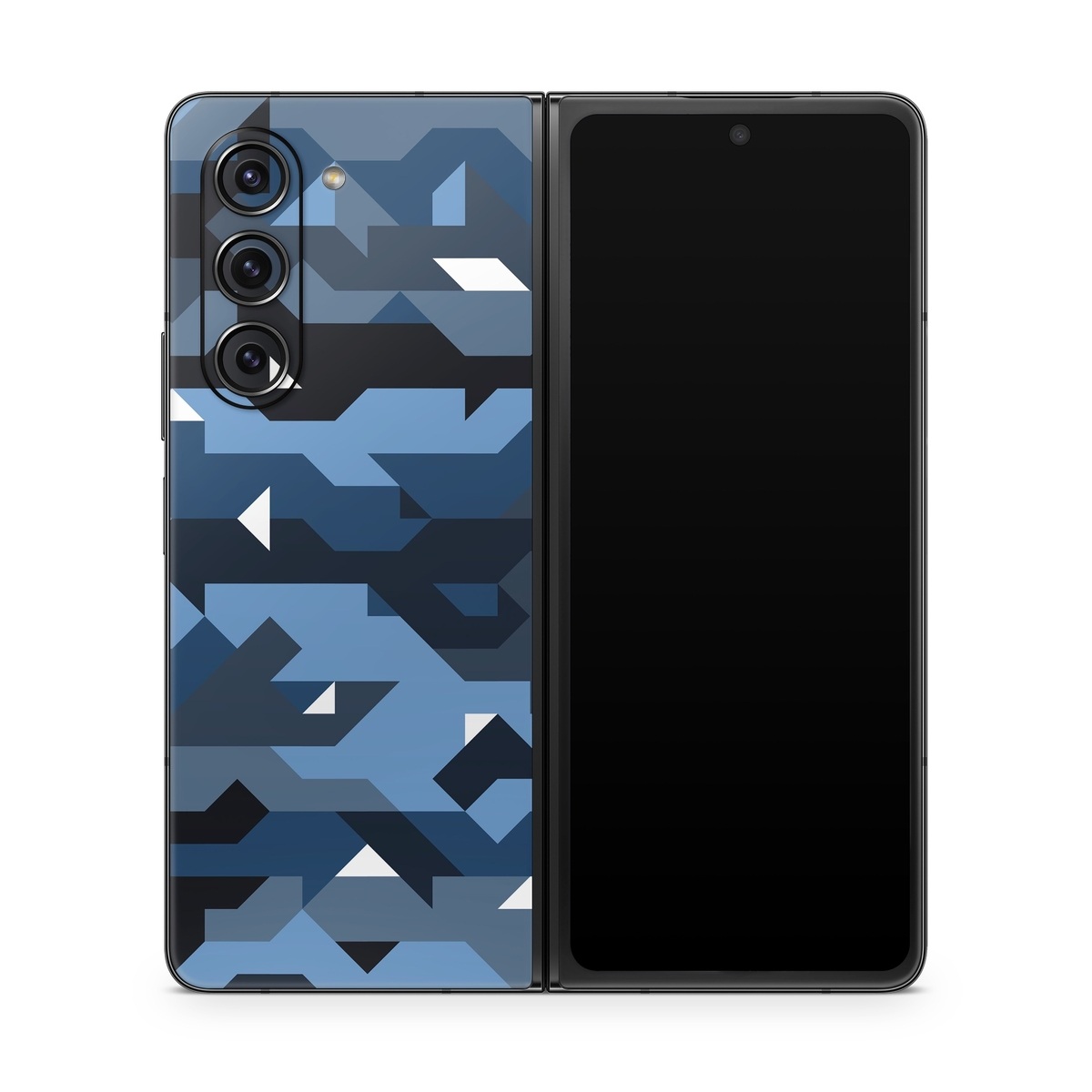 Samsung Galaxy Z Fold5 Skin design of Blue, Pattern, Design, Font, Line, Camouflage, Illustration, Triangle, with blue, black, white, gray colors