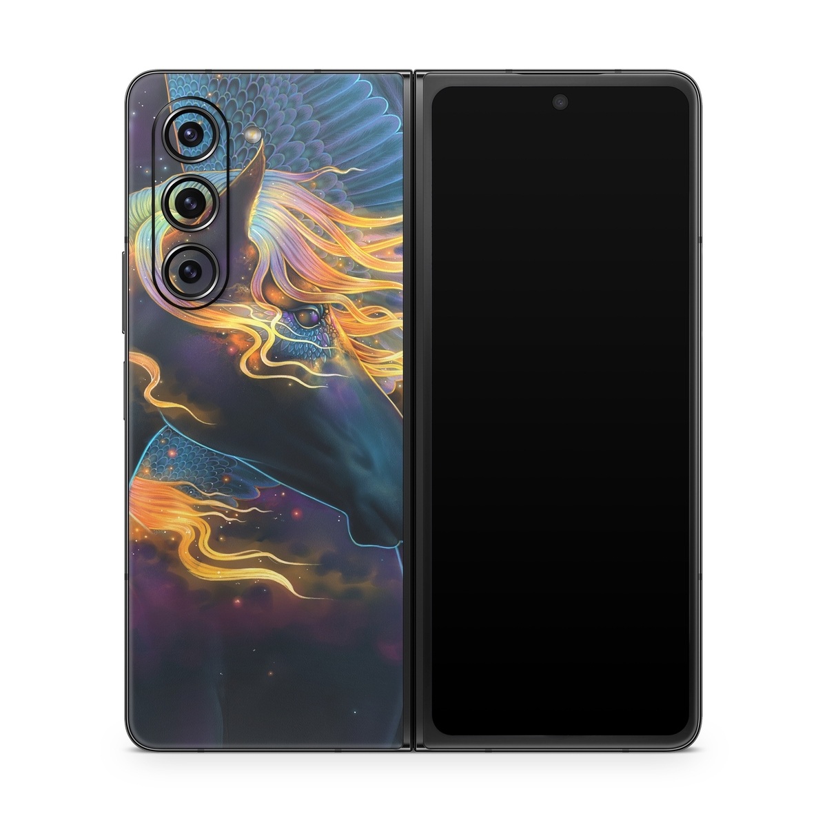 Samsung Galaxy Z Fold5 Skin design of Organism, Astronomical object, Art, Electric blue, Space, Darkness, Liquid, Science, Graphics, Visual arts, with black, blue, yellow, white, orange, purple, red colors