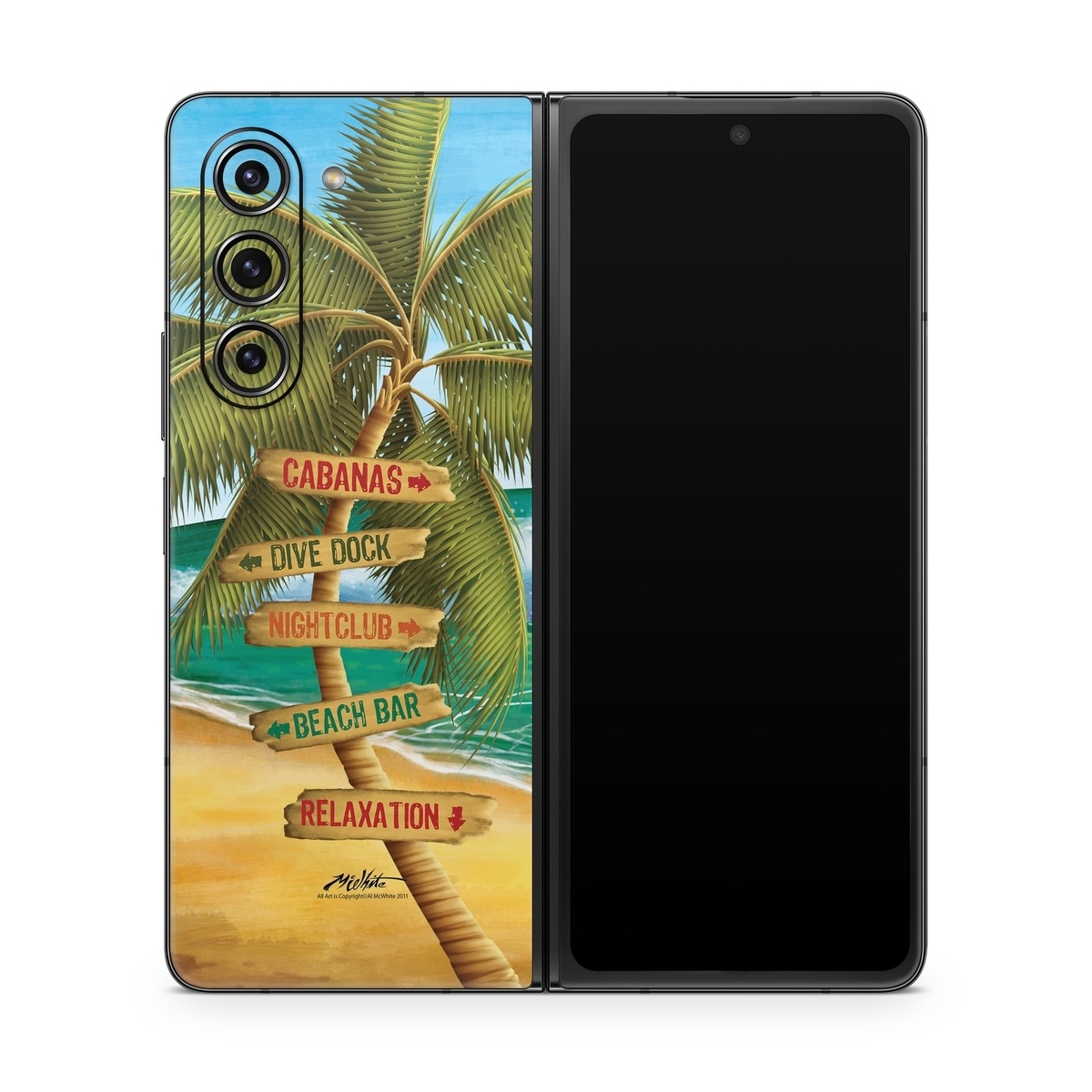 Samsung Galaxy Z Fold5 Skin design of Palm tree, Arecales, Tropics, Tree, Caribbean, Wave, Water, Coconut, Ocean, Elaeis, with green, purple, gray, black, blue colors
