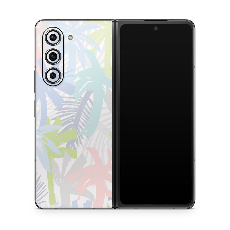 Samsung Galaxy Z Fold5 Skin design of Palm trees, with bllue, green, pink, yellow, white, gray colors