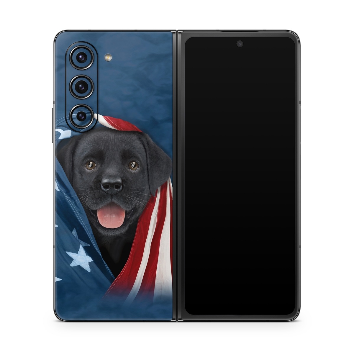 Samsung Galaxy Z Fold5 Skin design of Canidae, Dog, Dog breed, Flag, Snout, Carnivore, Sporting Group, Labrador retriever, Flag of the united states, Puppy, with black, gray, white, blue, red colors