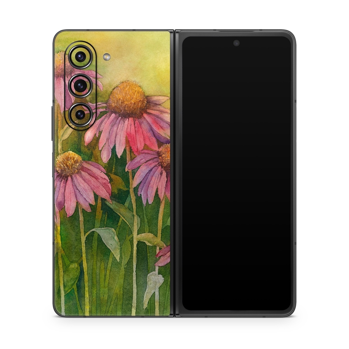 Samsung Galaxy Z Fold5 Skin design of Flowering plant, Purple coneflower, Coneflower, Flower, Plant, Watercolor paint, Wildflower, black-eyed susan, Petal, Daisy family, with black, green, red, gray, purple colors