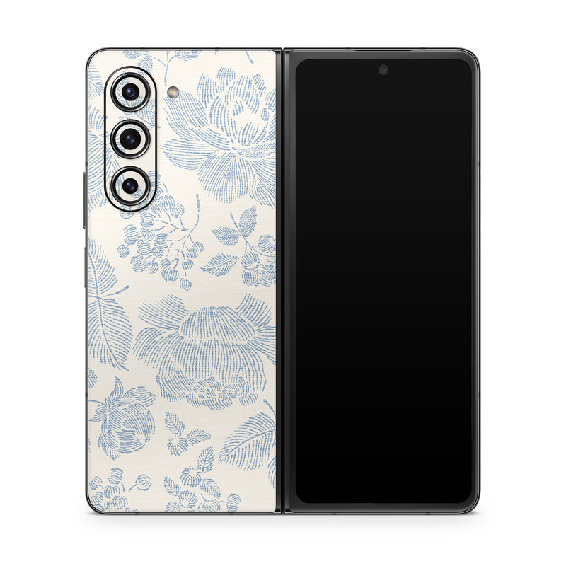 Samsung Galaxy Z Fold5 Skin design of White, Botany, Leaf, Textile, Branch, Organism, Art, Aqua, Line, Rectangle, with white, blue colors