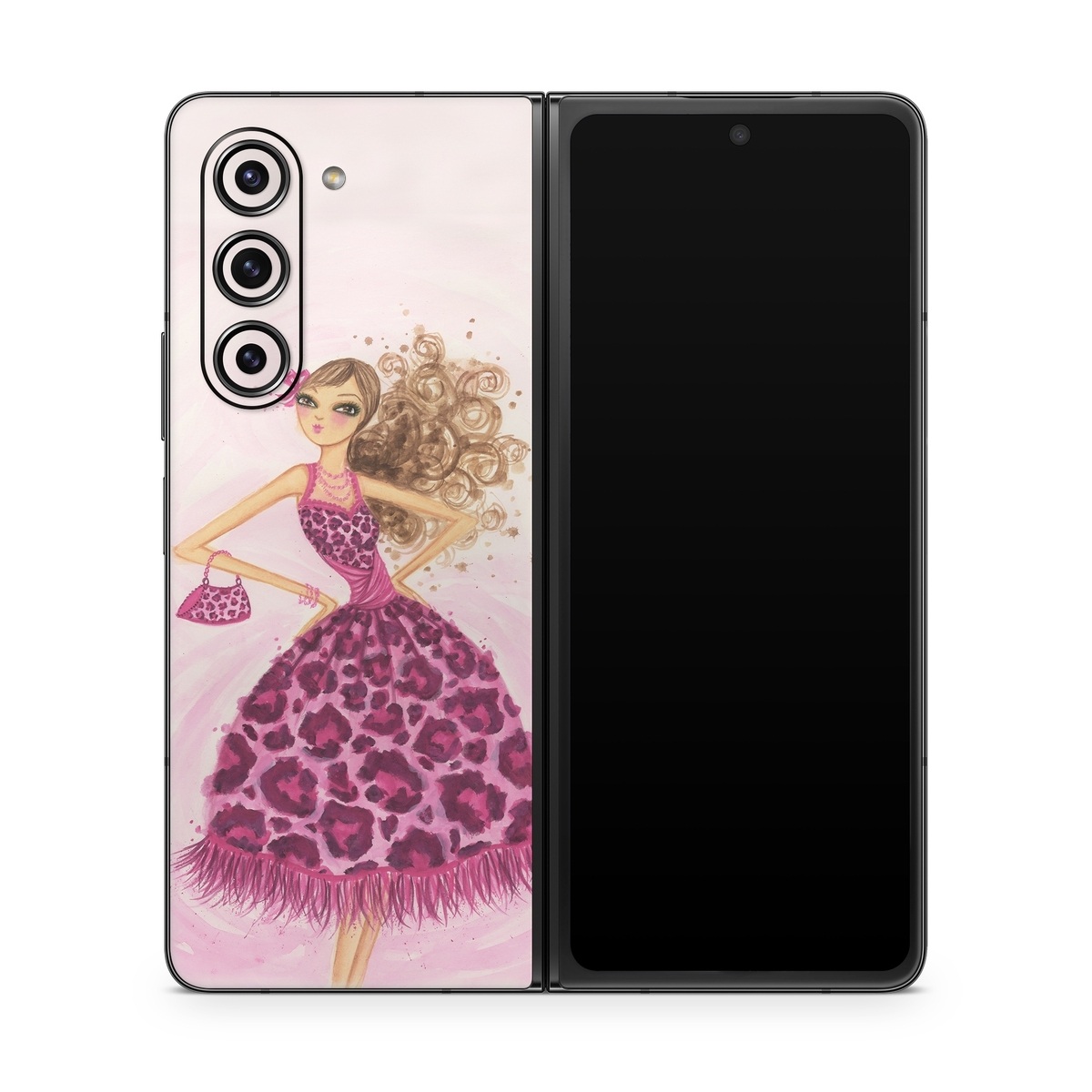 Samsung Galaxy Z Fold5 Skin design of Pink, Doll, Dress, Fashion illustration, Barbie, Fashion design, Illustration, Gown, Costume design, Toy, with pink, gray, red, purple, green colors