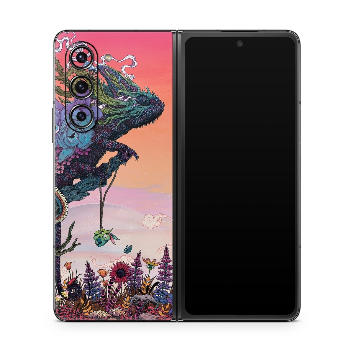 Samsung Galaxy Z Fold5 Skin design of Illustration, Fictional character, Fiction, Art, Organism, Plant, Tree, Graphic design, Cg artwork, with red, orange, green, purple, white, blue, brown colors