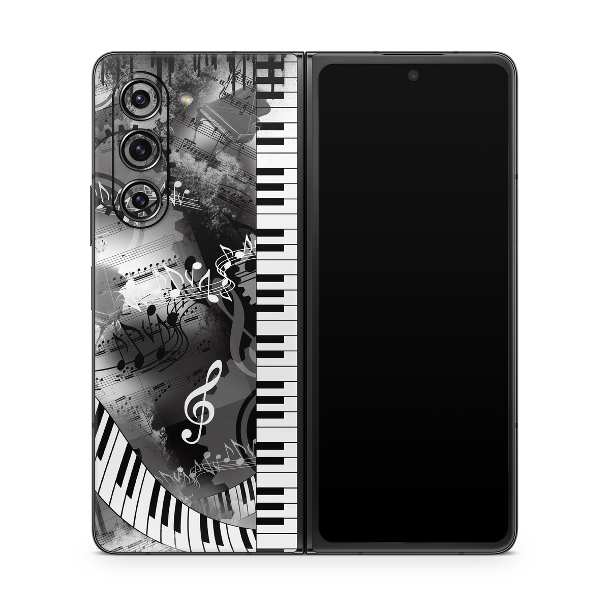 Samsung Galaxy Z Fold5 Skin design of Music, Monochrome, Black-and-white, Illustration, Graphic design, Musical instrument, Technology, Musical keyboard, Piano, Electronic instrument, with black, gray, white colors