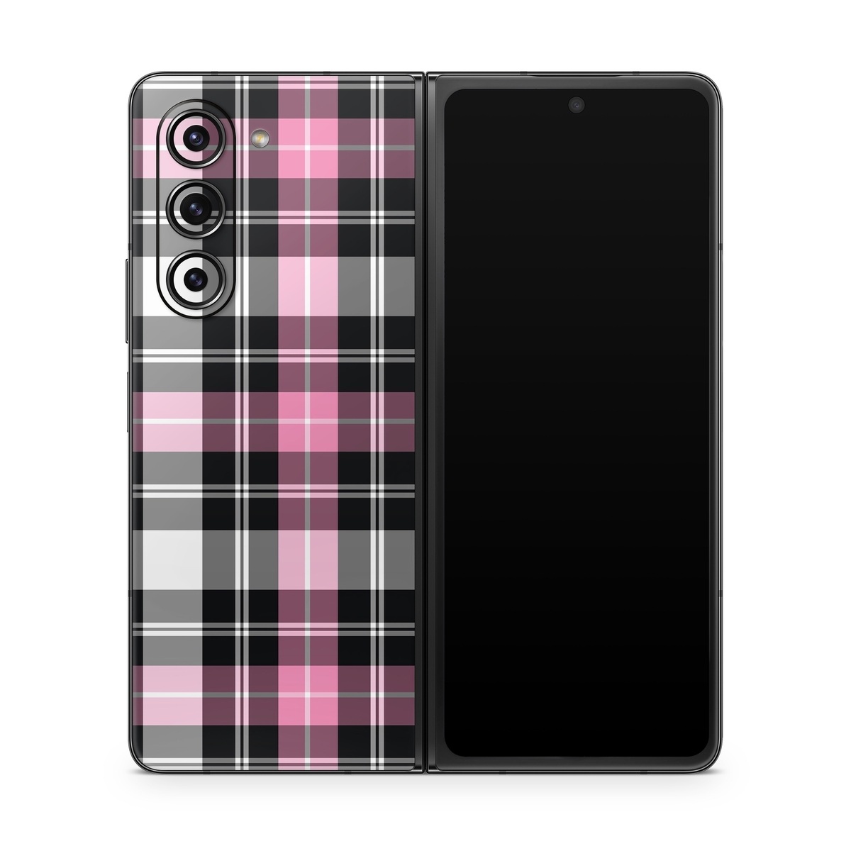 Samsung Galaxy Z Fold5 Skin design of Plaid, Tartan, Pattern, Pink, Purple, Violet, Line, Textile, Magenta, Design, with black, gray, pink, red, white, purple colors