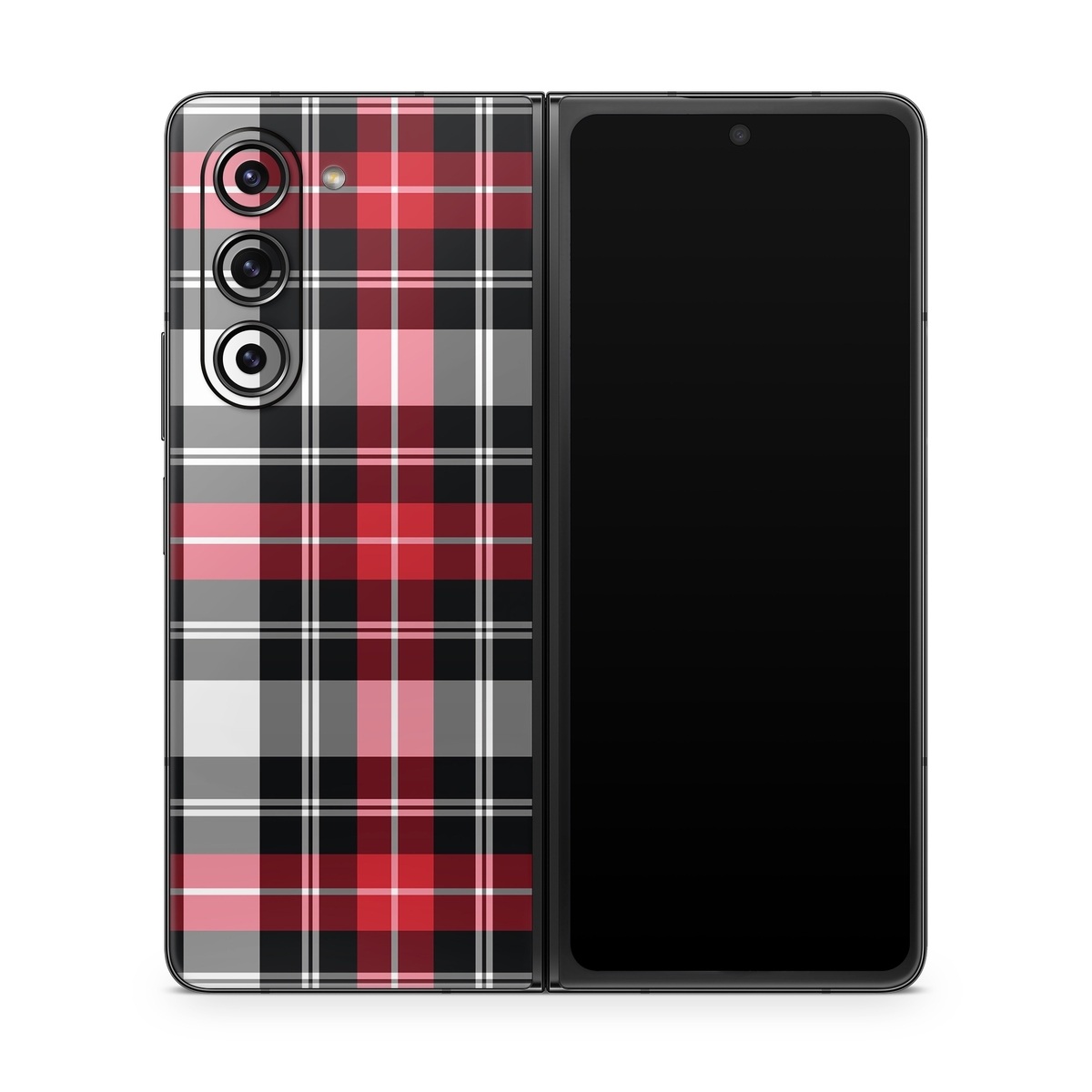 Samsung Galaxy Z Fold5 Skin design of Plaid, Tartan, Pattern, Red, Textile, Design, Line, Pink, Magenta, Square, with black, gray, pink, red, white colors
