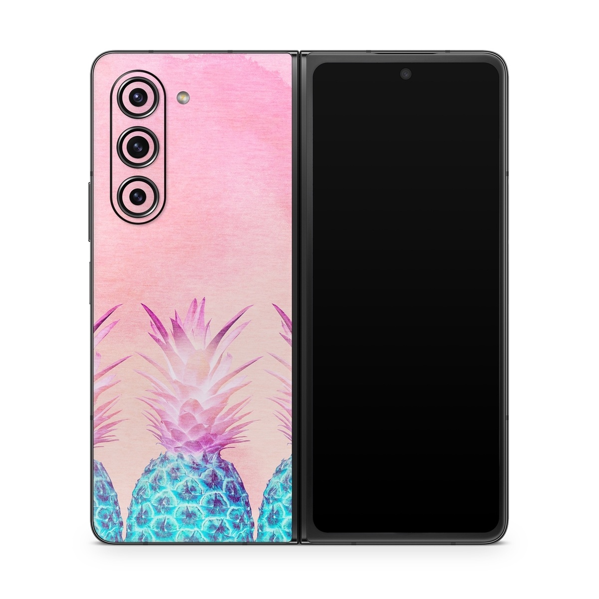 Samsung Galaxy Z Fold5 Skin design of Pineapple, Ananas, Pink, Fruit, Plant, Bromeliaceae, Pattern, Poales, with pink, blue, orange colors