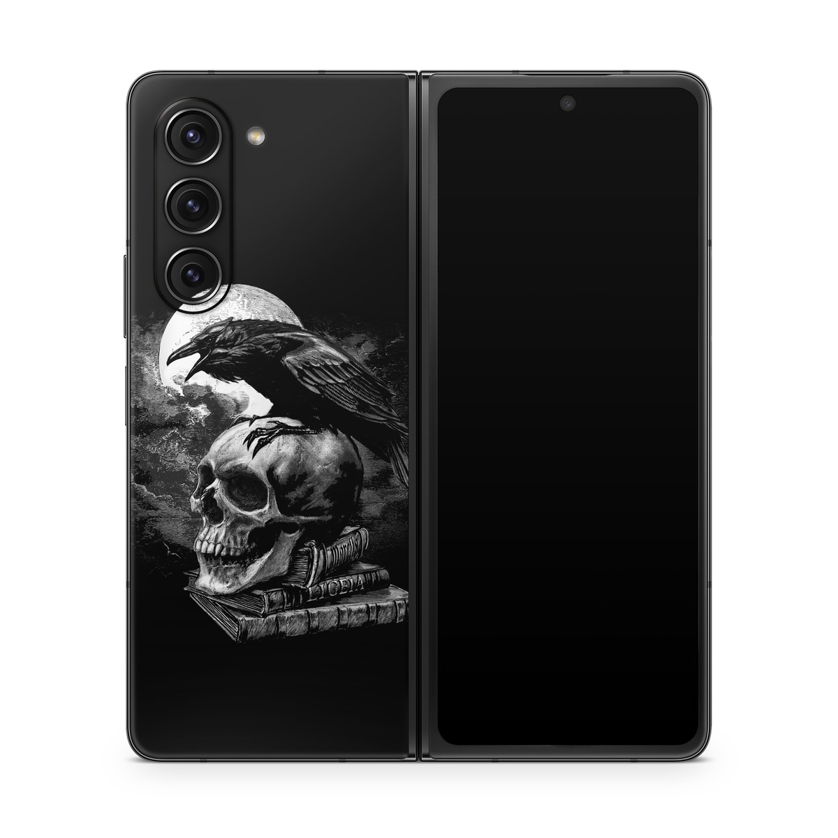 Samsung Galaxy Z Fold5 Skin design of Bone, Skull, Bird, Darkness, Monochrome, Wing, Black-and-white, Illustration, Beak, Fictional Character, Drawing, Symbol, with black, white, gray colors