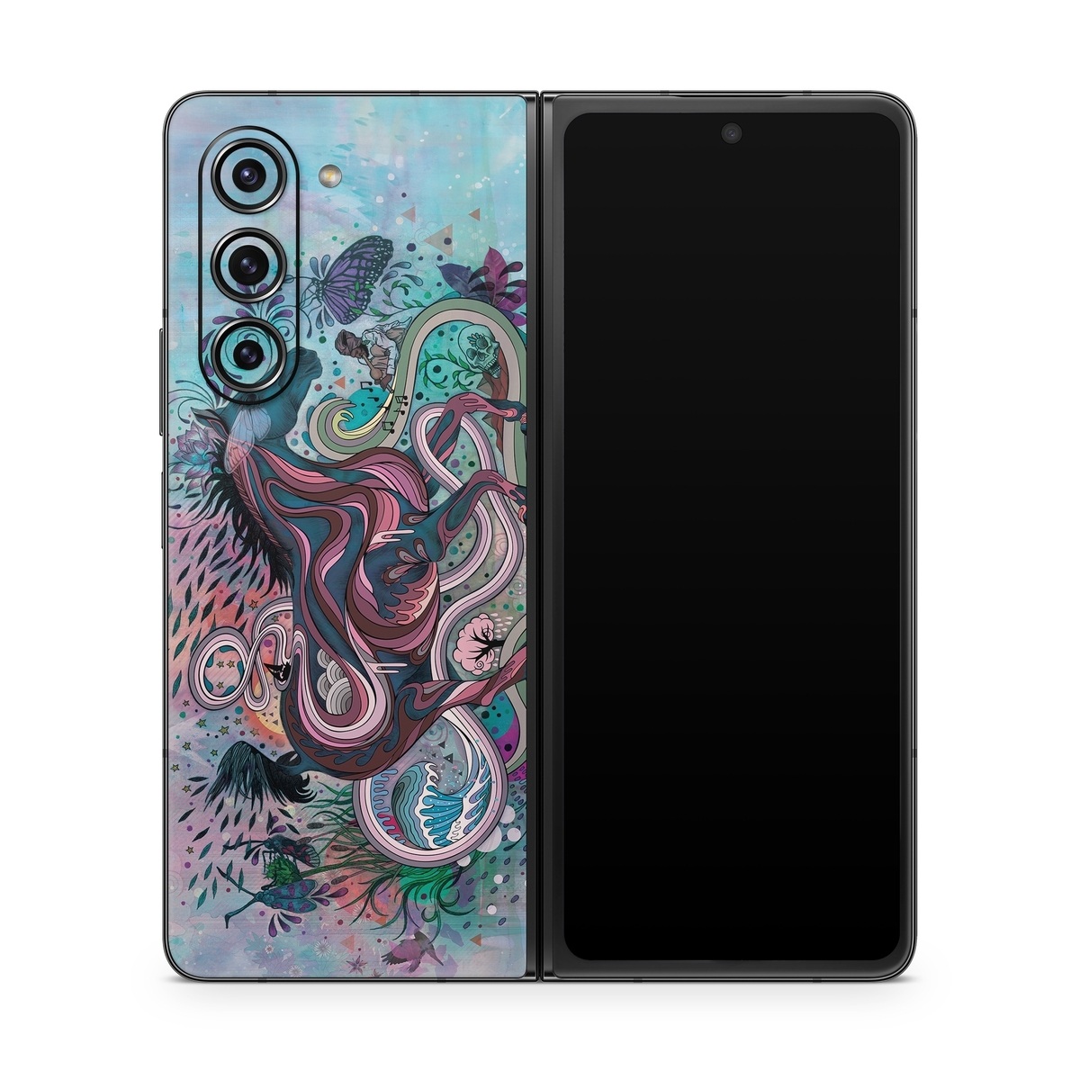 Samsung Galaxy Z Fold5 Skin design of Illustration, Art, Visual arts, Graphic design, Fictional character, Psychedelic art, Pattern, Drawing, Painting, Mythology, with gray, black, blue, red, purple colors