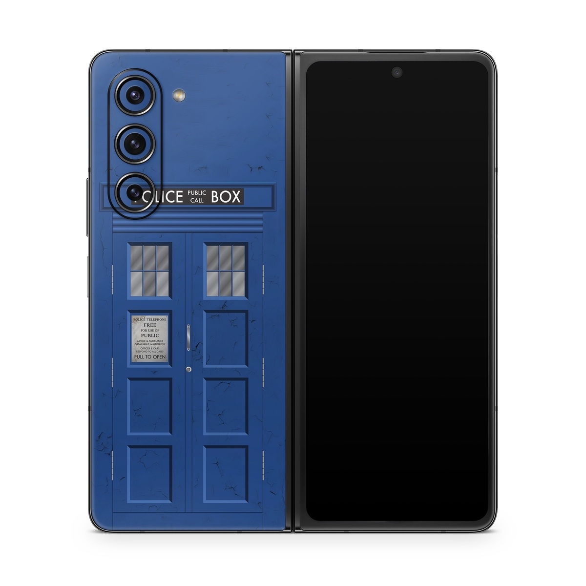 Samsung Galaxy Z Fold5 Skin design of Telephone Booth, Blue, Cobalt Blue, Door, Facade, Architecture, Electric Blue, Font, Real Estate, Window, Building, with blue, black, gray, white colors