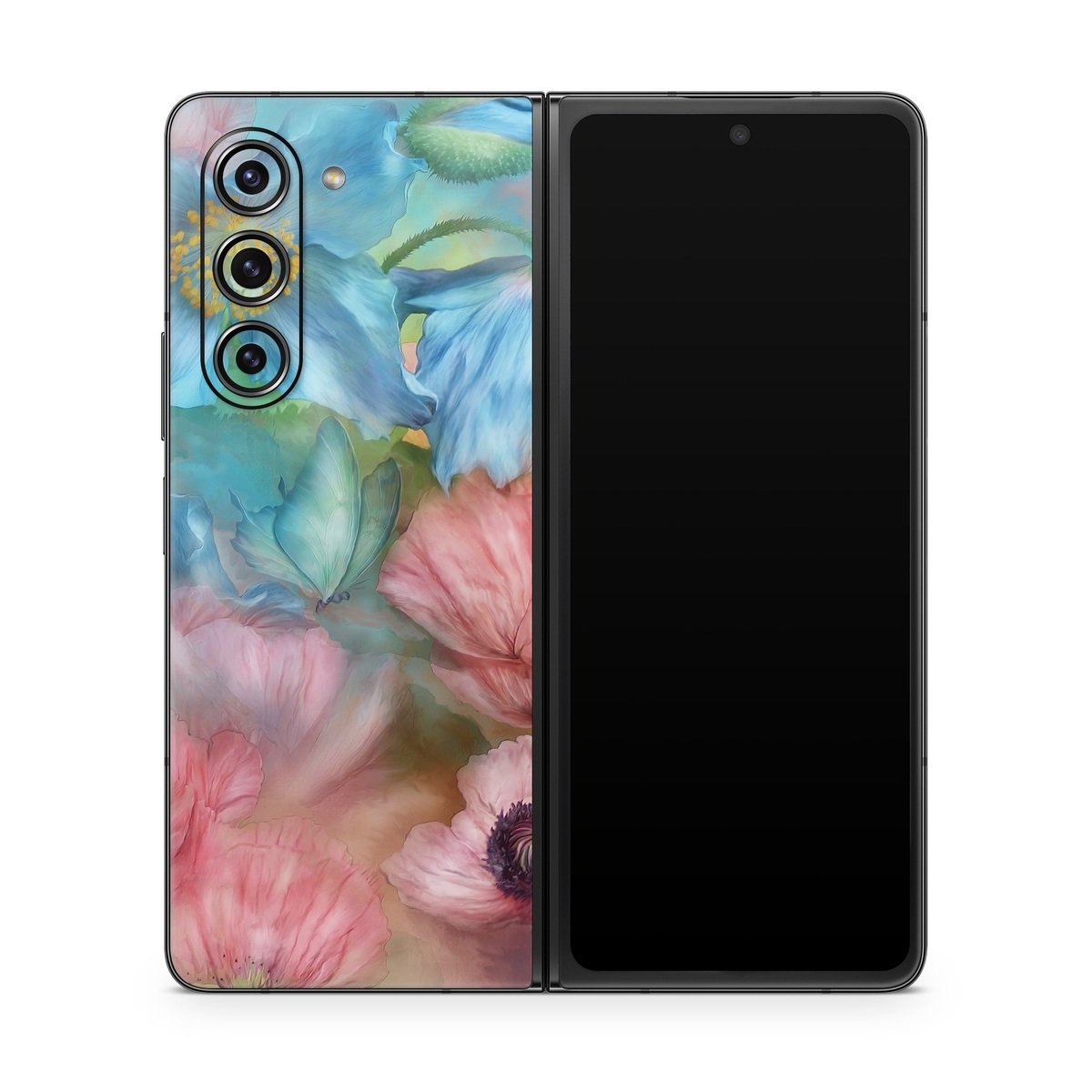 Samsung Galaxy Z Fold5 Skin design of Flower, Petal, Watercolor paint, Painting, Plant, Flowering plant, Pink, Botany, Wildflower, Still life, with gray, blue, black, red, green colors