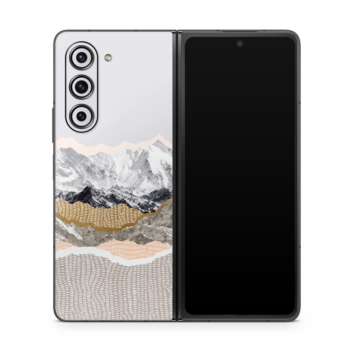 Samsung Galaxy Z Fold5 Skin design of White, Mountainous landforms, Mountain, Mountain range, Glacial landform, Geological phenomenon, Sky, Ridge, Geology, Glacier, with white, yellow, brown, gray, black colors