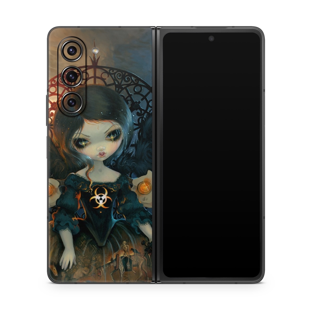 Samsung Galaxy Z Fold5 Skin design of Doll, Head, Illustration, Eye, Cg artwork, Fictional character, Toy, Iris, Art, Mythology, with brown, red, black, orange, blue, yellow colors
