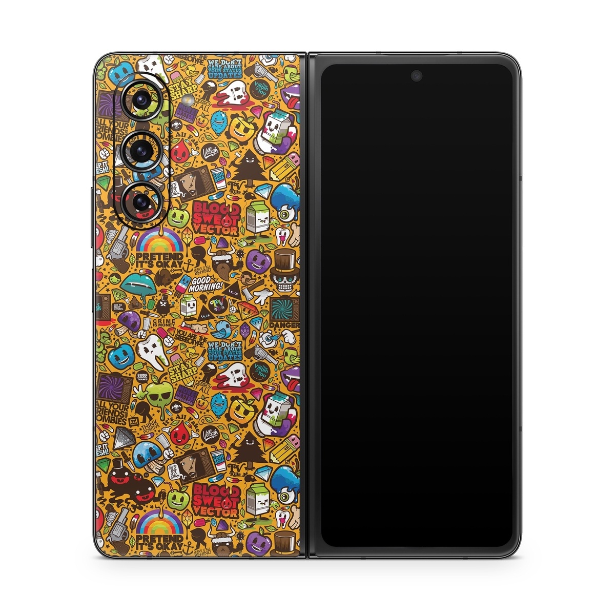 Samsung Galaxy Z Fold5 Skin design of Pattern, Psychedelic art, Visual arts, Art, Design, Illustration, Graphic design, Doodle, with black, green, red, gray, orange, blue colors