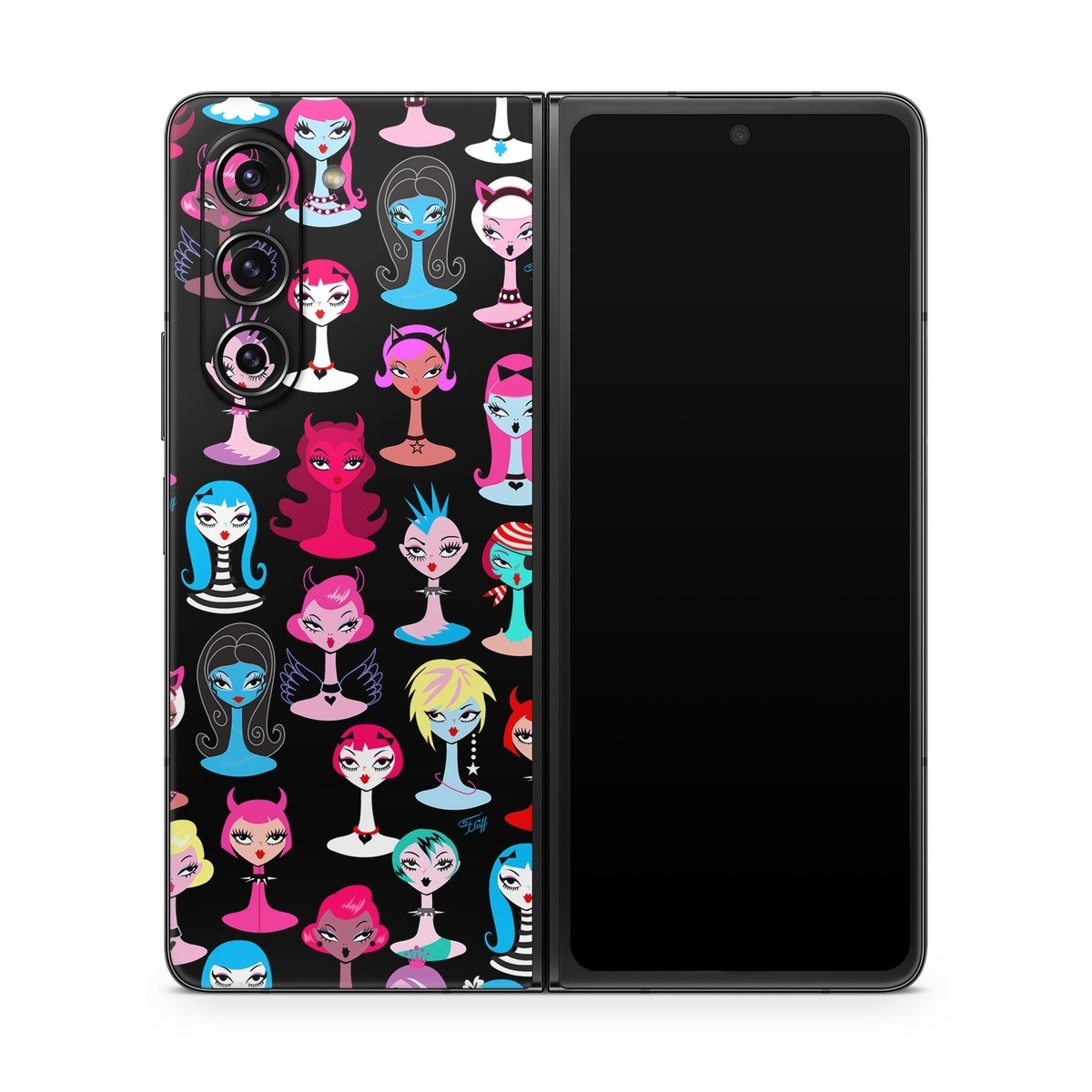 Samsung Galaxy Z Fold5 Skin design of Facial expression, Product, Font, Pink, Red, Magenta, Material property, Pattern, Fictional character, Illustration, with black, pink, blue, brown, red, green, white, yellow colors