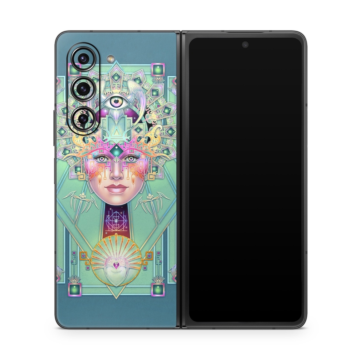 Samsung Galaxy Z Fold5 Skin design of Head, Eye, Eyelash, Font, Art, Magenta, Rectangle, Painting, Illustration, Pattern, with blue, green, yellow, red, purple, white colors