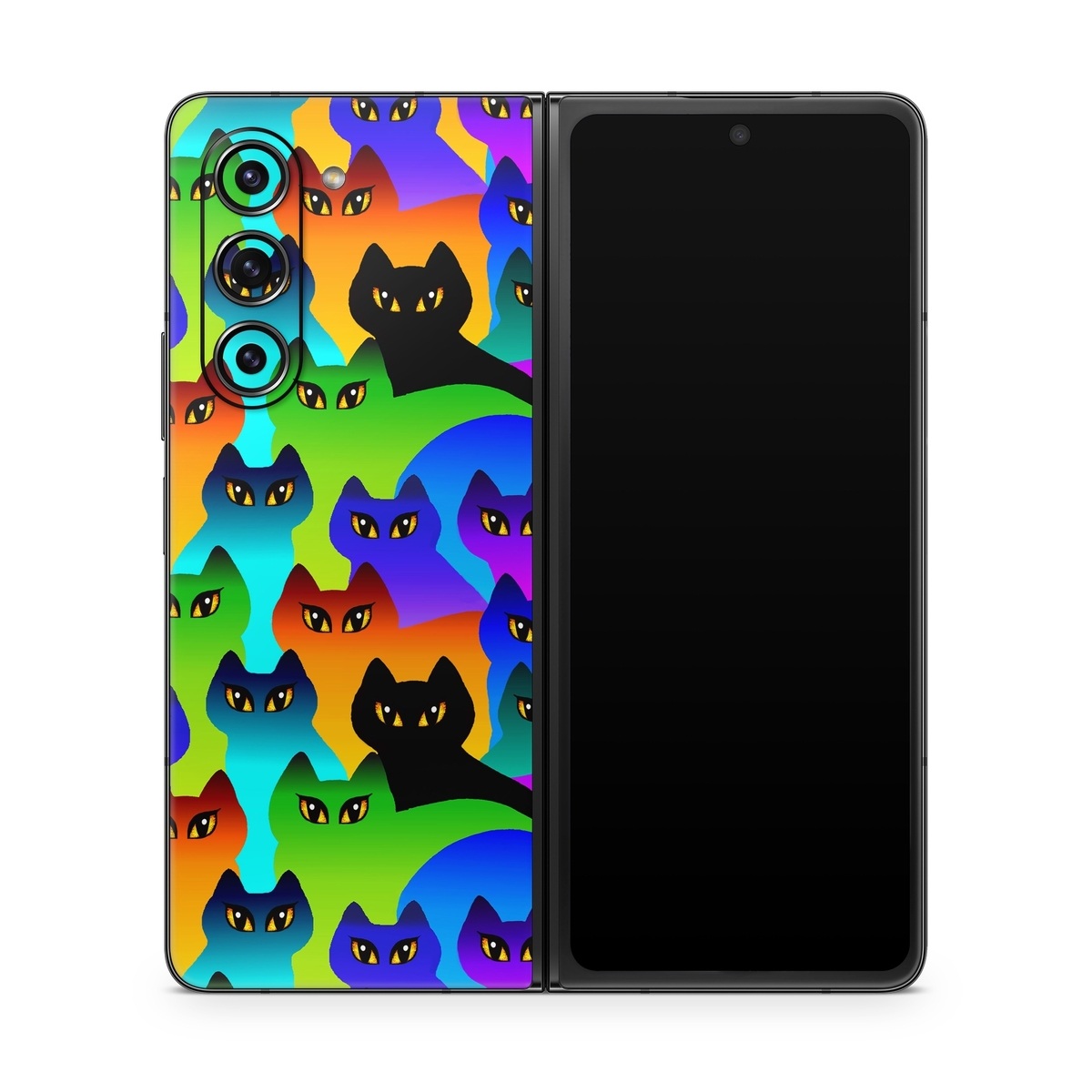 Samsung Galaxy Z Fold5 Skin design of Black cat, Purple, Cat, Small to medium-sized cats, Pattern, Design, Felidae, Illustration, Art, with black, blue, green, purple colors