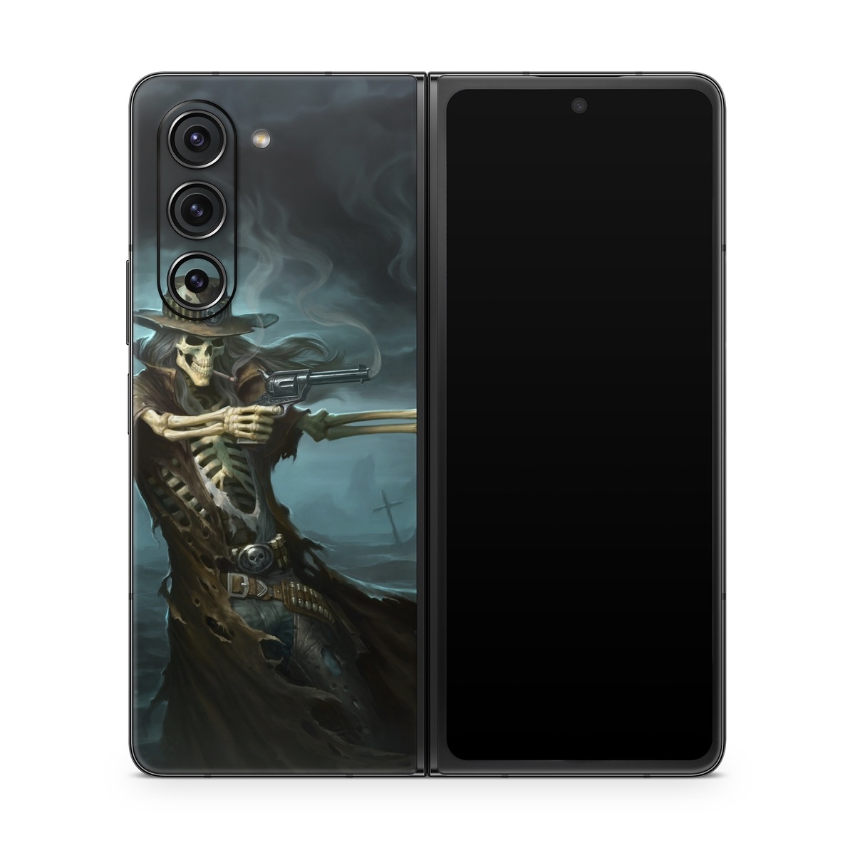 Samsung Galaxy Z Fold5 Skin design of Cg artwork, Action-adventure game, Darkness, Illustration, Games, Adventure game, Pc game, Woman warrior, Digital compositing, Fictional character, with black, white, blue, gray colors