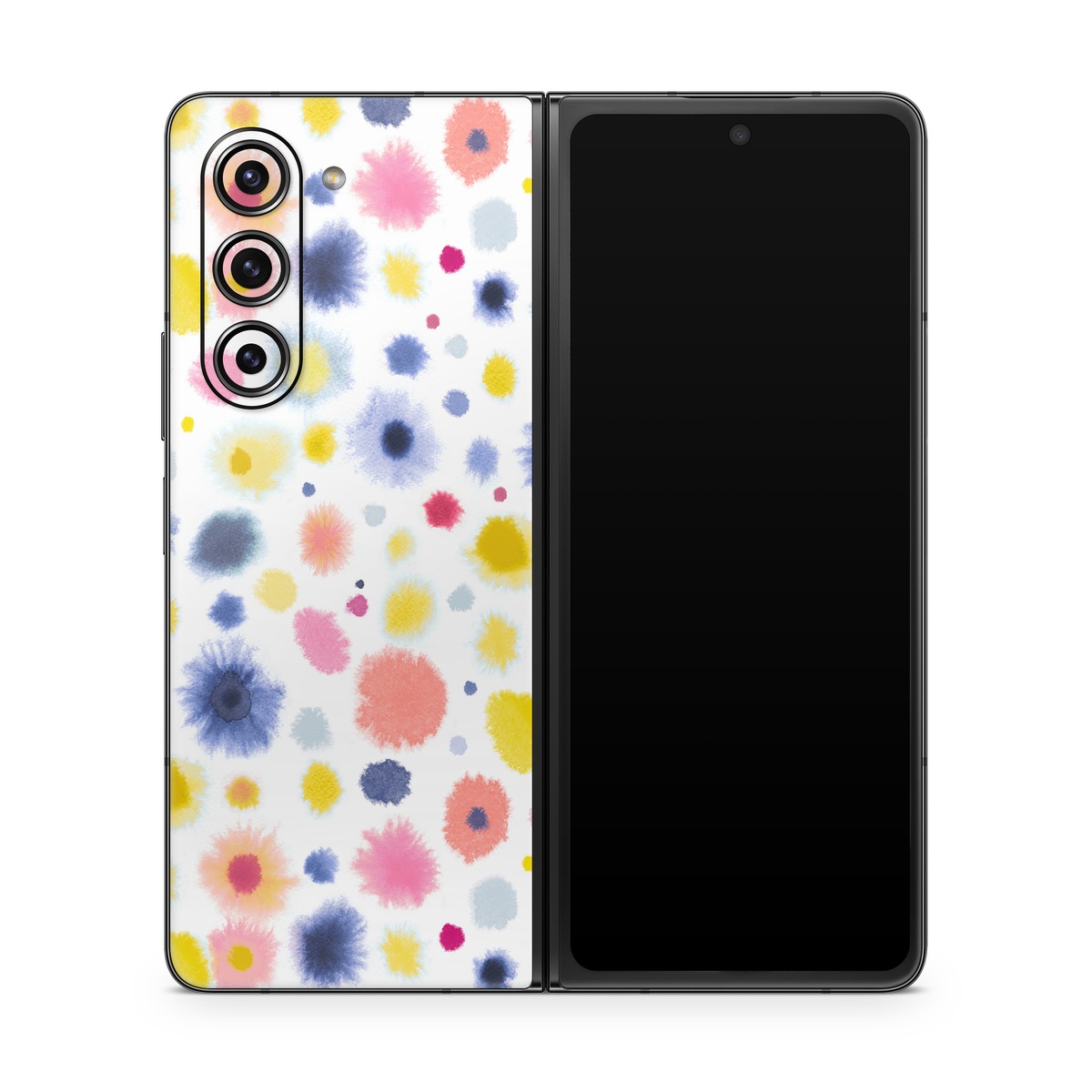 Samsung Galaxy Z Fold5 Skin design of Material property, Circle, Pattern, Design, Magenta, Electric blue, Font, Flowering plant, Painting, with white, pink, orange, blue, yellow, gray colors
