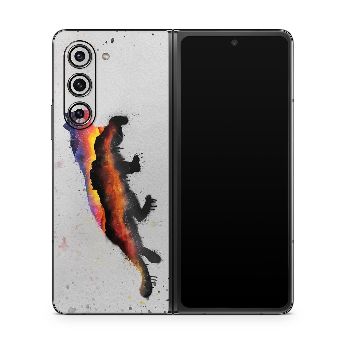 Samsung Galaxy Z Fold5 Skin design of Illustration, Watercolor paint, Art, Tail, Painting, Drawing, Acrylic paint, Geological phenomenon, Red fox, Paint, with gray, black, red, yellow, orange, white colors