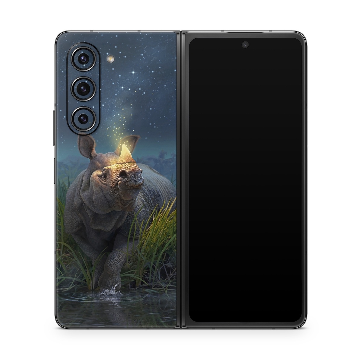 Samsung Galaxy Z Fold5 Skin design of Wildlife, Sky, Photography, Grass, Fawn, with blue, green, gray, yellow, white colors
