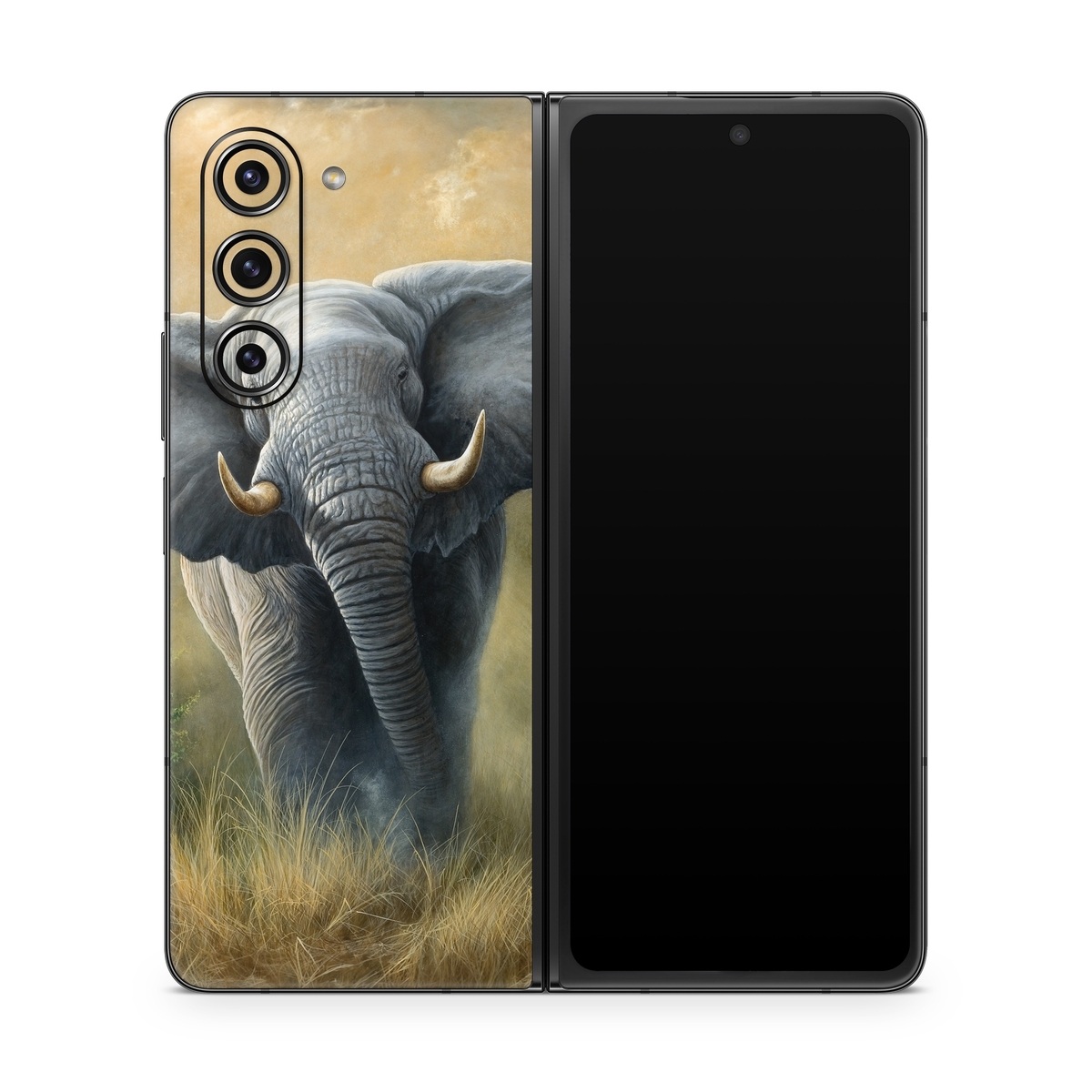 Samsung Galaxy Z Fold5 Skin design of Terrestrial animal, Elephants and Mammoths, Vertebrate, Wildlife, Mammal, African elephant, Indian elephant, Grassland, Working animal, Tusk, with gray, white, green, brown, yellow, orange colors