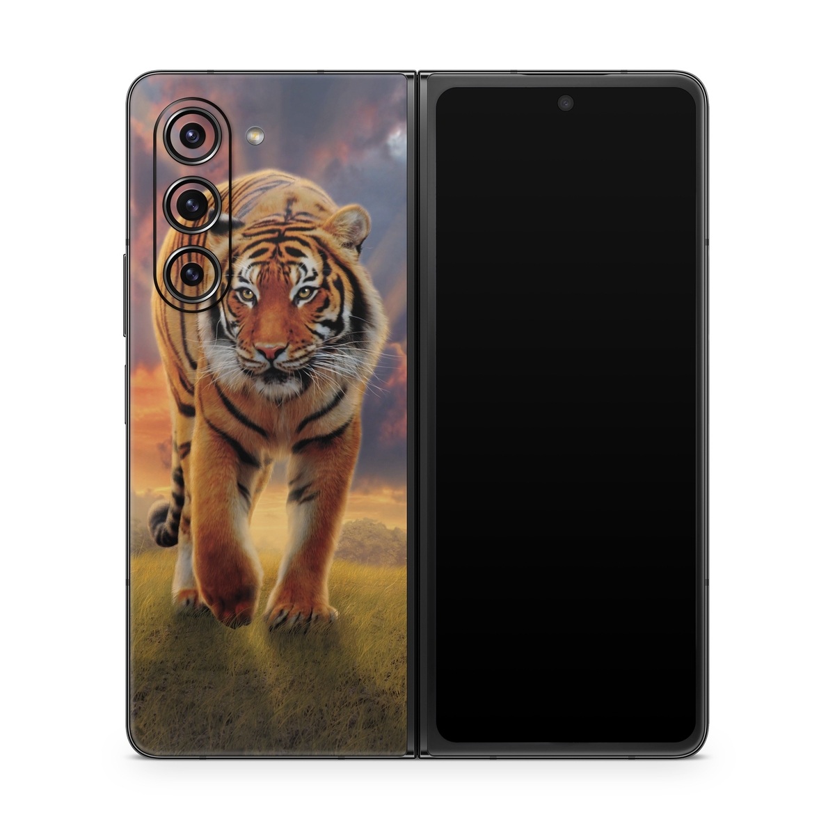 Samsung Galaxy Z Fold5 Skin design of Tiger, Wildlife, Bengal tiger, Mammal, Felidae, Siberian tiger, Sky, Big cats, Terrestrial animal, Carnivore, with black, white, yellow, red, green, blue colors