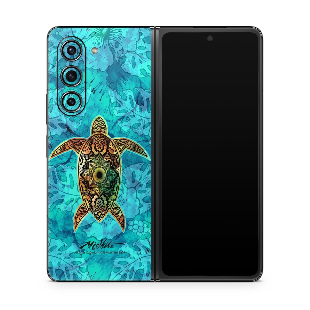 Samsung Galaxy Z Fold5 Skin design of Sea turtle, Green sea turtle, Turtle, Hawksbill sea turtle, Tortoise, Reptile, Loggerhead sea turtle, Illustration, Art, Pattern, with blue, black, green, gray, red colors
