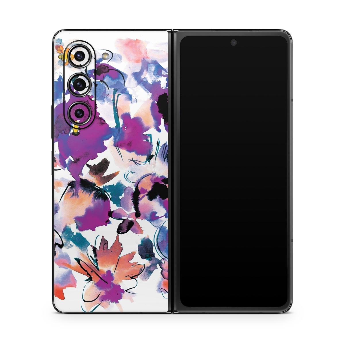 Samsung Galaxy Z Fold5 Skin design of Product, Purple, Illustration, Graphic design, Plant, Clip art, Flower, Graphics, Wildflower, Watercolor paint, with white, purple, pink, yellow, blue, black colors