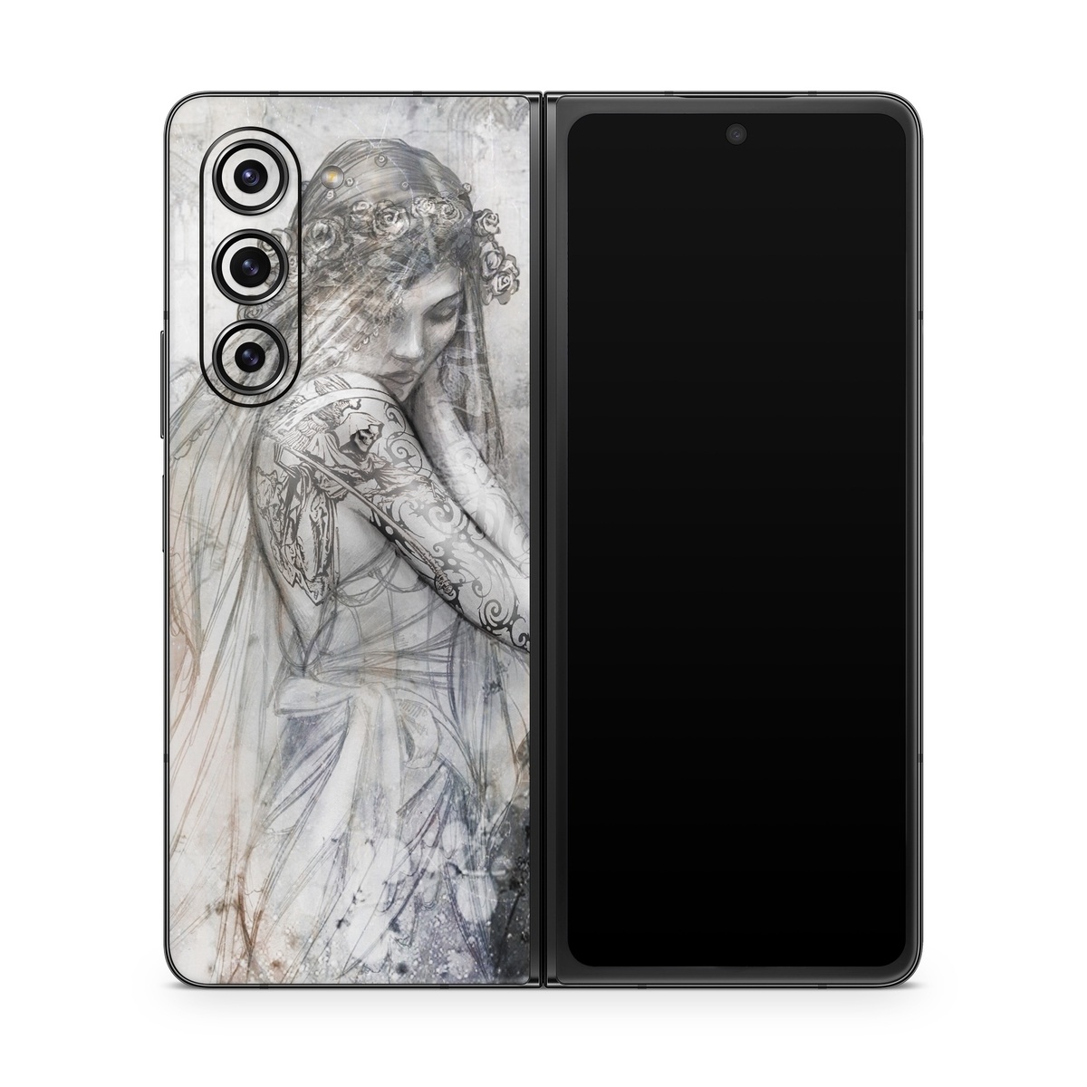 Samsung Galaxy Z Fold5 Skin design of Lady, Art, Illustration, Drawing, Painting, Sketch, Mythology, Figure drawing, Long hair, Visual arts, with white, gray, black colors