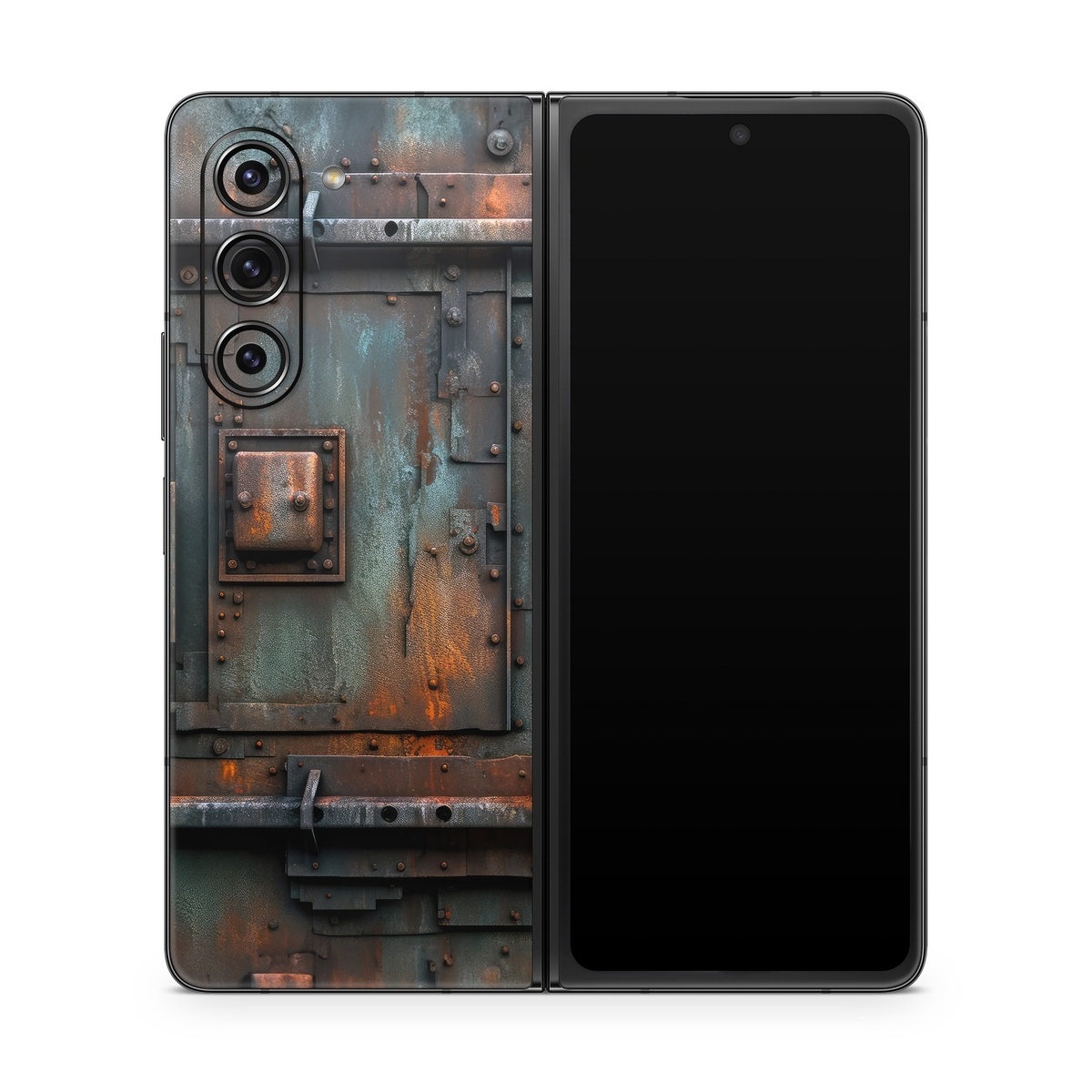 Samsung Galaxy Z Fold5 Skin design of Wood, Train, Wheel, Motor vehicle, Mode of transport, Rolling, Automotive lighting, Rolling stock, freight car, Gas, with black, brown, gray, white, orange colors