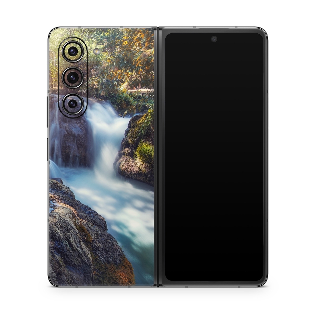 Samsung Galaxy Z Fold5 Skin design of Waterfall, Natural landscape, Body of water, Nature, Water resources, Water, Watercourse, Stream, Nature reserve, Rock, with gray, yellow, orange, green, white, blue colors
