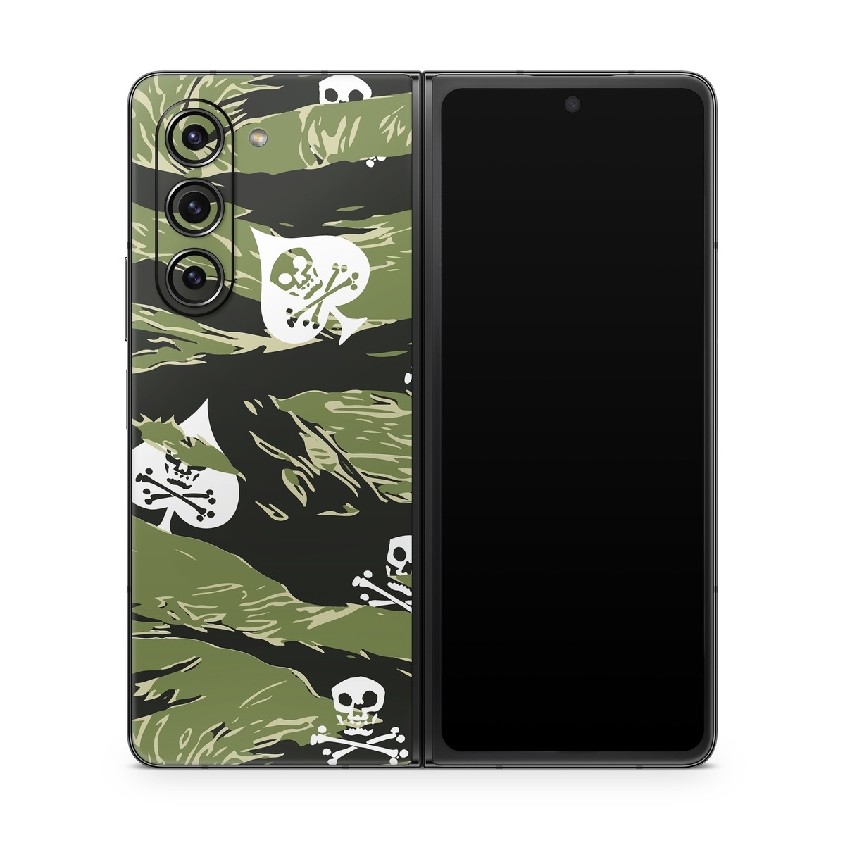 Samsung Galaxy Z Fold5 Skin design of Military camouflage, Pattern, Leaf, Illustration, Design, Tree, Camouflage, Plant, Art, Branch, with black, white, green colors