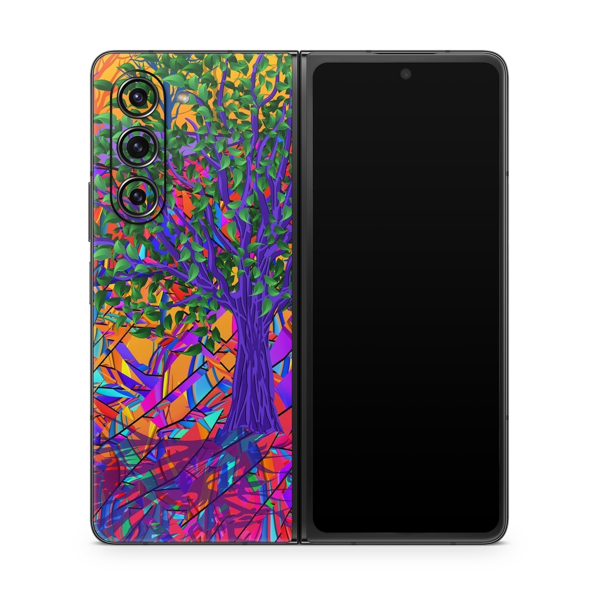 Samsung Galaxy Z Fold5 Skin design of Psychedelic art, Pattern, Visual arts, Art, Plant, Acrylic paint, Modern art, with green, purple, orange, blue, purple, yellow, red colors