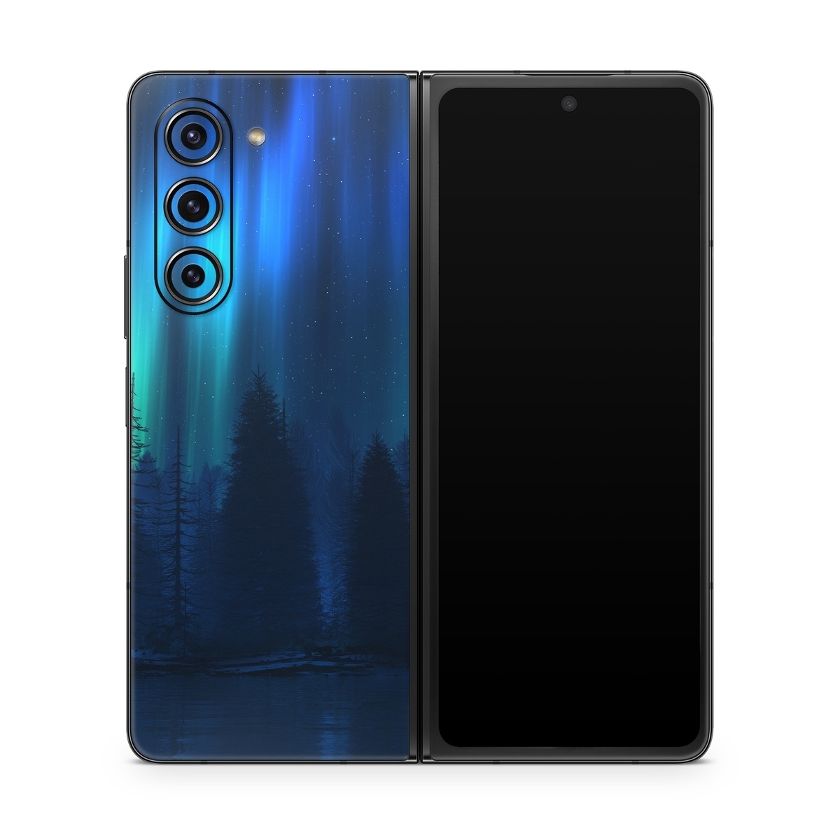 Samsung Galaxy Z Fold5 Skin design of Blue, Light, Natural environment, Tree, Sky, Forest, Darkness, Aurora, Night, Electric blue, with black, blue colors