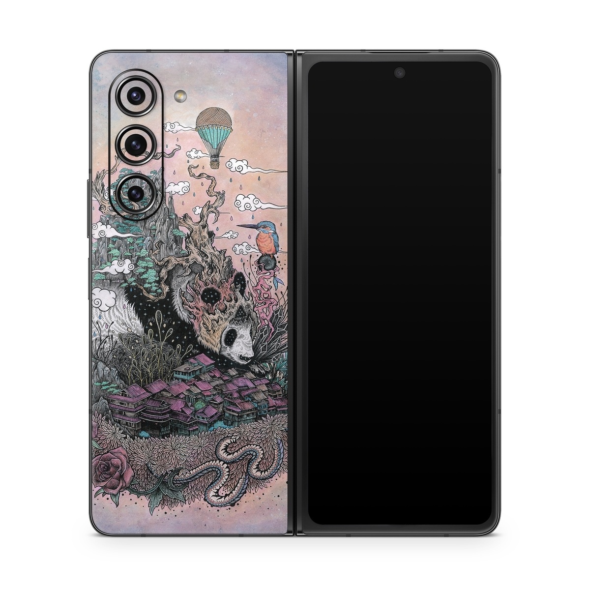 Samsung Galaxy Z Fold5 Skin design of Illustration, Art, Fictional character, Printmaking, Marsupial, Graphic design, Rodent, Possum, with gray, black, red, blue, purple colors