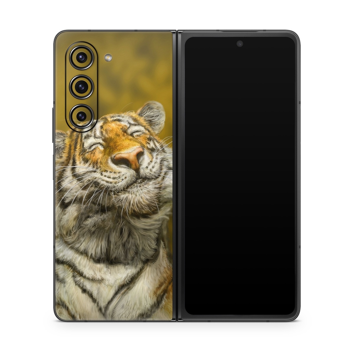 Samsung Galaxy Z Fold5 Skin design of Tiger, Vertebrate, Bengal tiger, Mammal, Wildlife, Siberian tiger, Terrestrial animal, Felidae, Snout, Whiskers, with black, white, orange, yellow colors