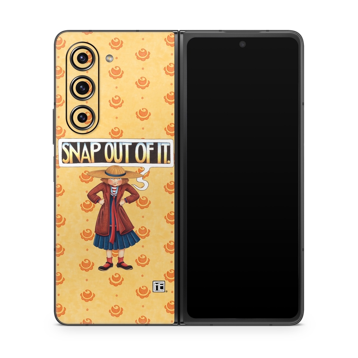 Samsung Galaxy Z Fold5 Skin design of Cartoon, Illustration, Poster, Animated cartoon, Fiction, Anime, Art, Fictional character, Games, with pink, orange, black, red, gray, white colors