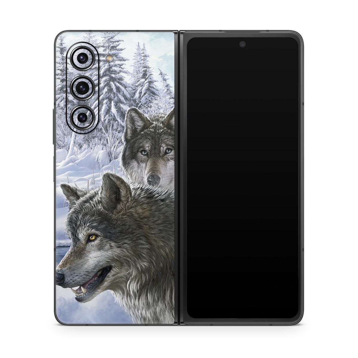 Samsung Galaxy Z Fold5 Skin design of Mammal, Vertebrate, Wolf, Canidae, canis lupus tundrarum, Canis, Wildlife, Carnivore, Wolfdog, Dog, with gray, black, blue, purple colors