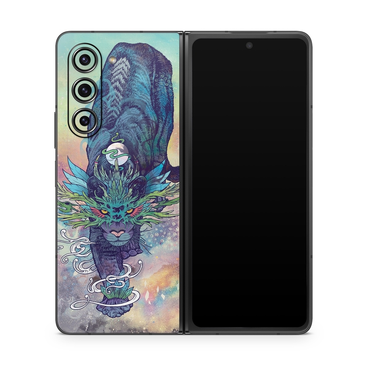 Samsung Galaxy Z Fold5 Skin design of Illustration, Fictional character, Graphic design, Demon, Art, Fiction, Cg artwork, Supernatural creature, with blue, green, black, white, yellow, orange, pink, purple colors