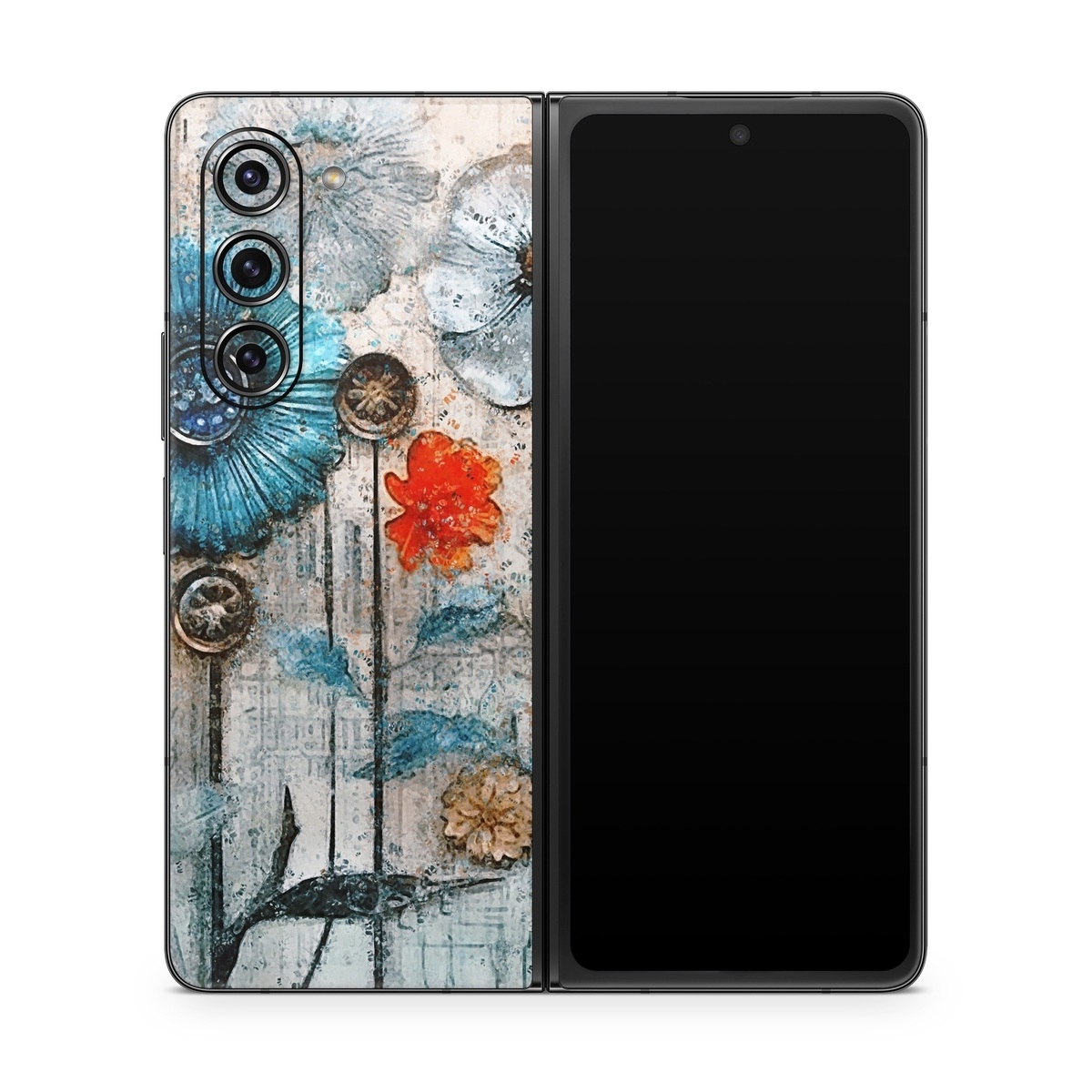 Samsung Galaxy Z Fold5 Skin design of Plant, Blue, Petal, Textile, Paint, Flower, Art, Creative arts, Pattern, Rectangle, with white, brown, black, yellow, blue, red, gray colors