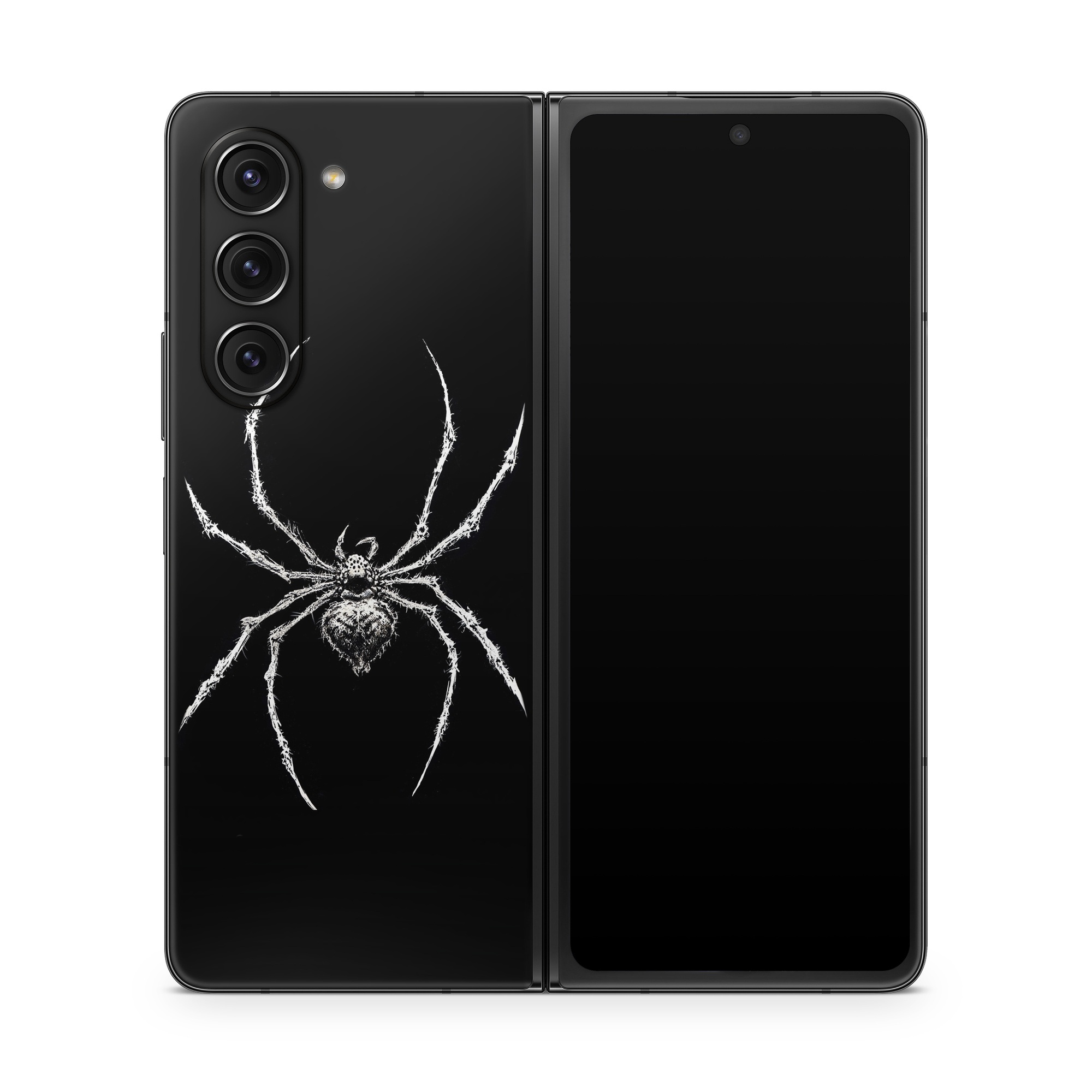 Samsung Galaxy Z Fold5 Skin design of Arthropod, Spider, Insect, Spider web, Terrestrial animal, Arachnid, Invertebrate, Tangle-web spider, Symmetry, Terrestrial plant, with black, white, gray colors
