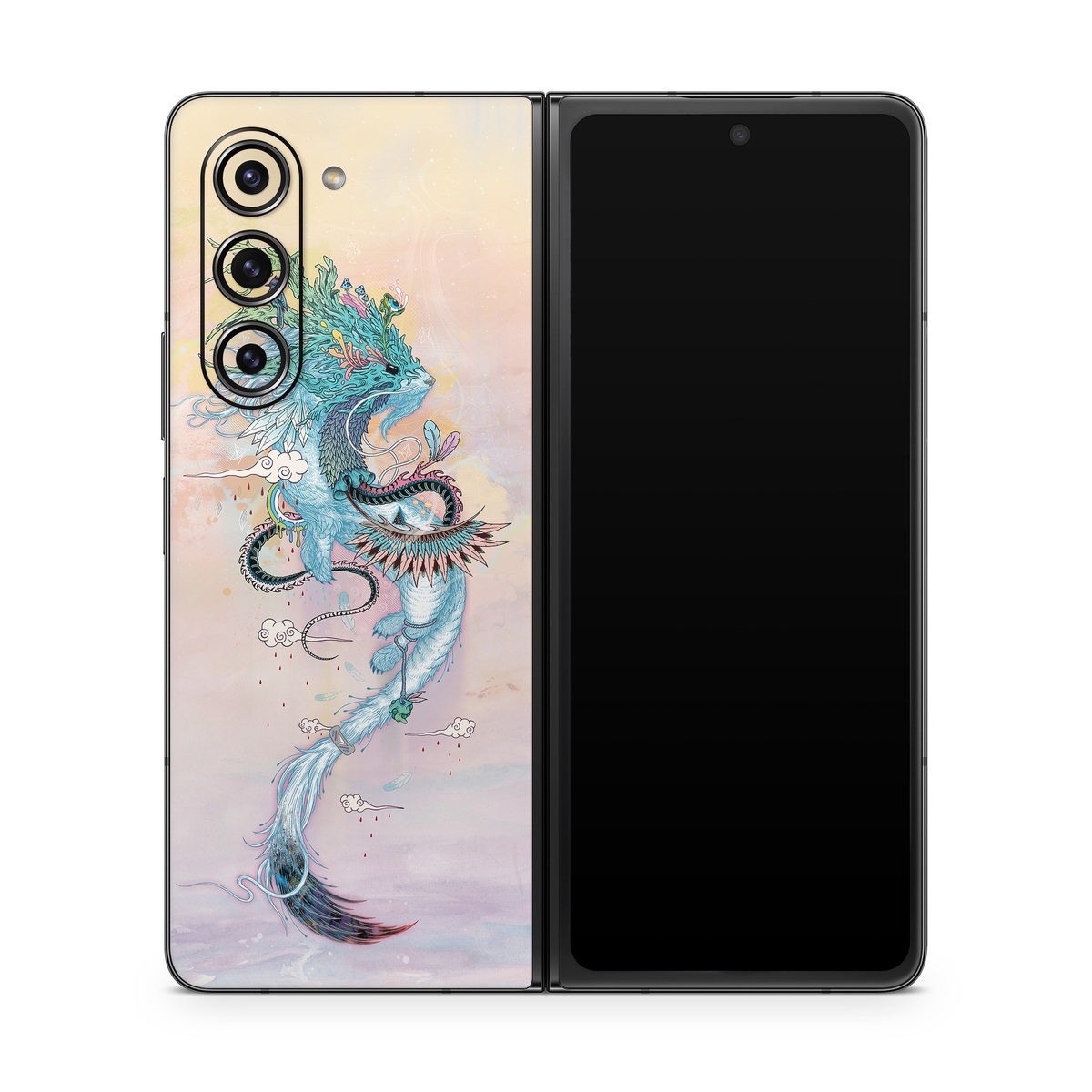 Samsung Galaxy Z Fold5 Skin design of Illustration, Water, Watercolor paint, Art, Fictional character, Graphic design, Mythology, Visual arts, Painting, Drawing, with yellow, pink, blue, green colors