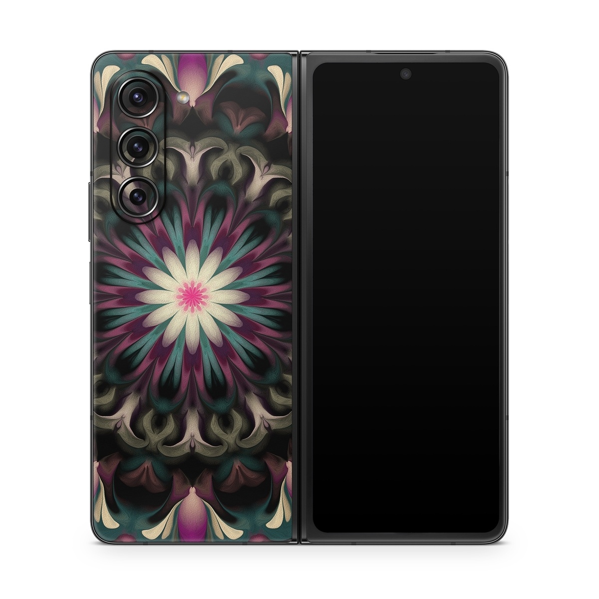 Samsung Galaxy Z Fold5 Skin design of Fractal art, Pattern, Pink, Psychedelic art, Art, Kaleidoscope, Design, Symmetry, Visual arts, Textile, with black, purple, white, green, blue colors