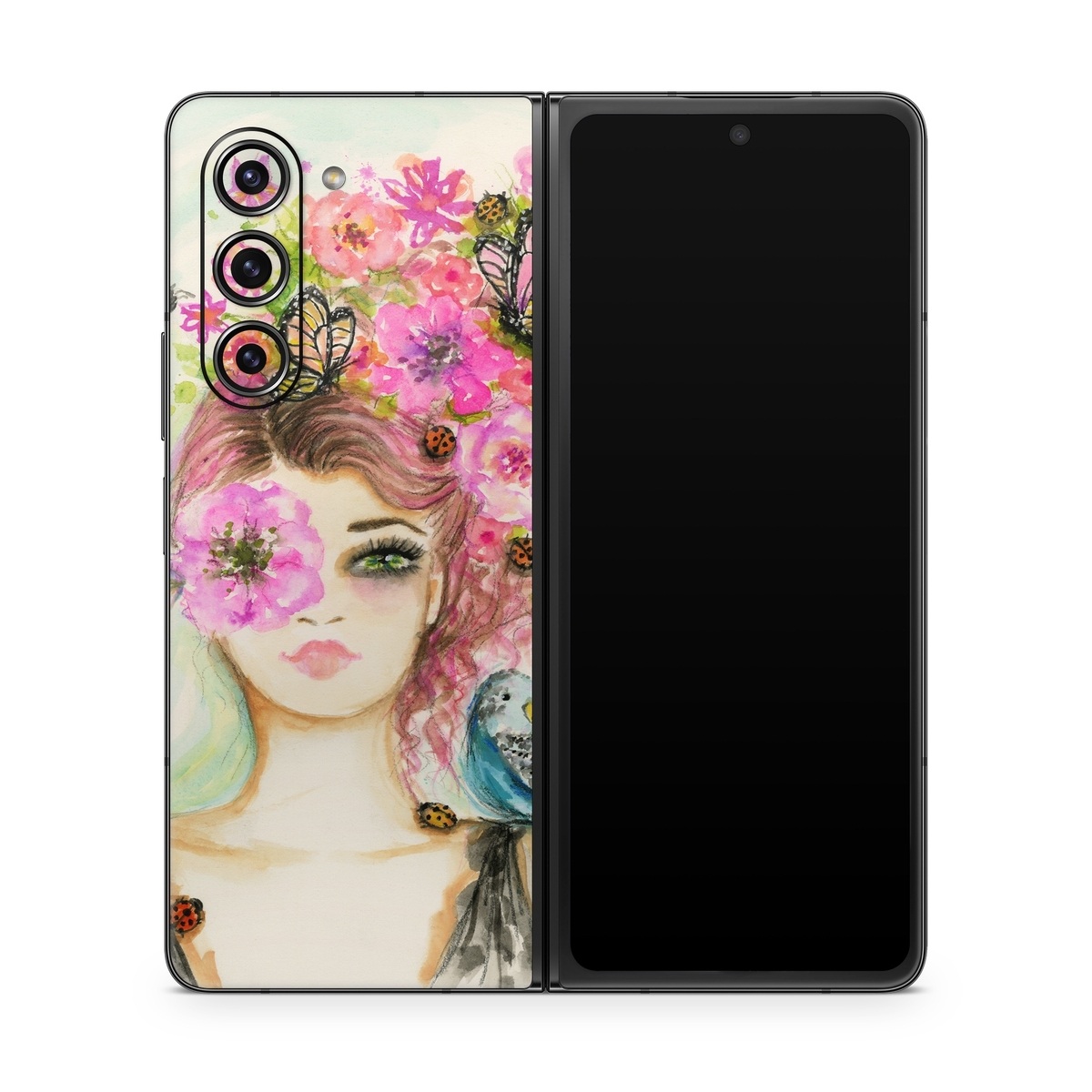 Samsung Galaxy Z Fold5 Skin design of Face, Watercolor paint, Illustration, Pink, Head, Fashion illustration, Beauty, Art, Cheek, Painting, with white, pink, green, blue, yellow, red, brown colors